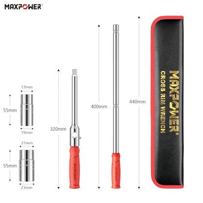 MAXPOWER Lug Wrench, Tire Wrench With 1/2-Inch Drive and 2PCS Standard Sockets (17 mm/19 mm, 21 mm/23 mm), Detachable Rapid Cross Lug Nut Wrench With Storage Box