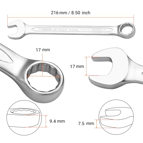 Jetech 17mm Combination Wrench - Industrial Grade, Chrome Vanadium Steel, Sand Blasted Finish, Forged, Heat-Treated, Metric - size: 17mm