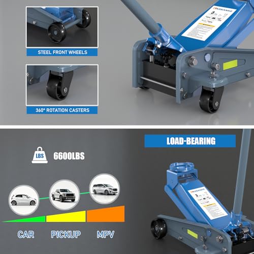 LARBANKE 3 Ton (6,600 lbs) Heavy Duty Steel Floor Jack, Hydraulic Service Jack with Unique Reflective Tape, Rapid Lifting Range 5.31" to 18.11" for Sedans, Coupes, Compact SUVs and Pickups