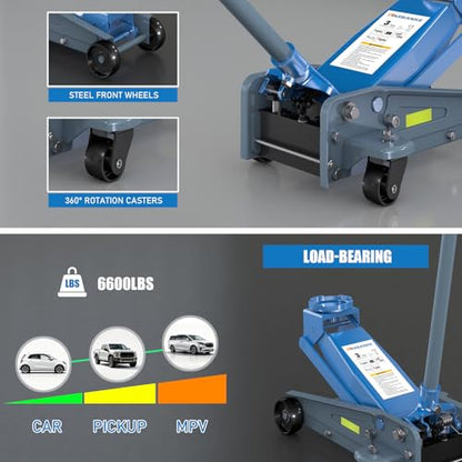 LARBANKE 3 Ton (6,600 lbs) Heavy Duty Steel Floor Jack, Hydraulic Service Jack with Unique Reflective Tape, Rapid Lifting Range 5.31" to 18.11" for Sedans, Coupes, Compact SUVs and Pickups