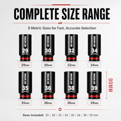 8PCS 1/2"Impact Socket Set Metric,29mm,30mm,32mm,34mm,35mm,36mm,38mm,39mm, Axle Nut Impact Socket Set L90, 6-Point CR-MO - size: 6 Point 8PCS 1/2" Socket Set Metric