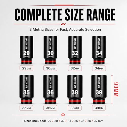 8PCS 1/2"Impact Socket Set Metric,29mm,30mm,32mm,34mm,35mm,36mm,38mm,39mm, Axle Nut Impact Socket Set L90, 6-Point CR-MO - size: 6 Point 8PCS 1/2" Socket Set Metric