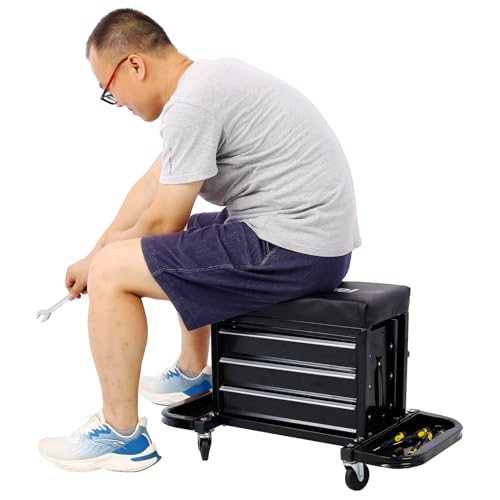Mechanic Roller Seat with Tool Box, 3-Drawer Rolling Tool Chest Stool Mechanic Stool with Side Tool Trays