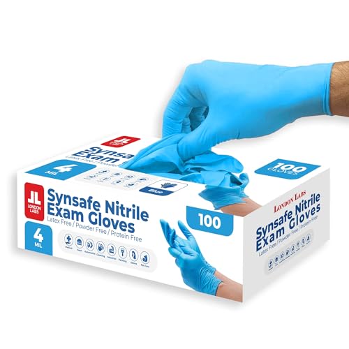 London Labs Synsafe 4 Mil - Blue Nitrile Exam Gloves –Disposable Latex Free & Powder Free – Extra Strong, Rubber Gloves - size: X-Large, style: 100 Count