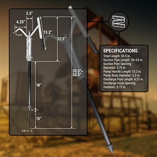 TERA PUMP - TRD490N Steel Lever-Action Drum Pumps (10 oz per Stroke) Telescopic, Fits 15 to 55 Gallon Drums, for Oil Based fluids, Diesel, Kerosene & Heating Oils - color: Silver