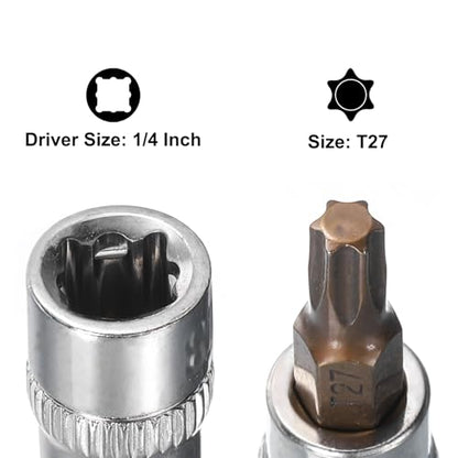 uxcell 3pcs 1/4" Drive x T27 Torx Bit Socket, S2 Steel Bits CR-V Sockets 38mm Length Use with Ratchet Wrench, Slide Bar, Extension Rod - size: T27