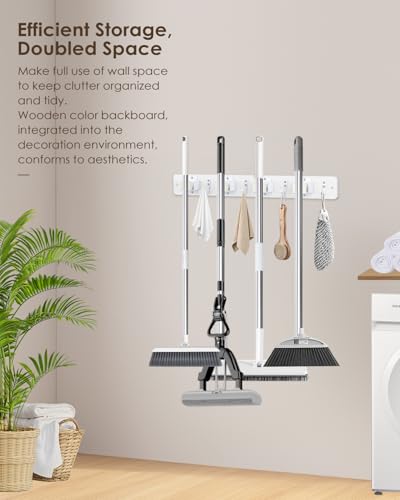 Broom Holder Wall Mounted, 2 Pack White 4 Holders and 4 Hooks Mop Holder, Wooden Mop and Broom Holder with Anti slip rubber, Natural pine wood Brush Holder, Mop Wall Holder with Nail installation | Mop Holder Wall Mount and Broom Hanger for Garage, Laundr