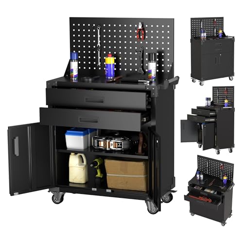 SUXXAN Rolling Tool Organizer Cart with Drawers and Locking Storage Cabinet, Heavy Duty Metal Service Utility Cart with Side Pegboard & Adjustable Shelf for Garage, Workshop, Black 52" H - color: Black, size: 16.5"D x 31.5"W x 51.85"H