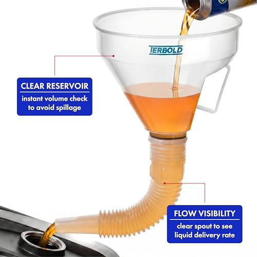 Automotive Flex Funnel with Hose | Wide Mouth Flexible Oil Funnel for Automotive Use - Gas, Transmission Fluid, Car Fuel, Oil Change (Clear) - color: Clear