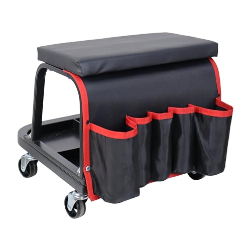 Rolling Mechanic Garage Stool on Wheels with Padded Cushion, Tool Tray Storage and Side Pockets, 300 LBS Capacity, Black - color: Black