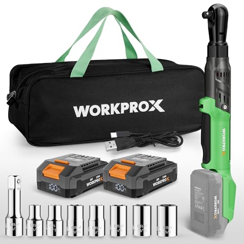 WORKPROX Electric Ratchet Wrench 1/2" Set, 20V Cordless Ratchet Wrench Kit, 74Ft-lbs, 250RPM, Battery Powered Ratchet with LED Light, 2-Pack 2000mAh Batteries, 7 Sockets & 3" Extension Bar - size: 1/2 inch