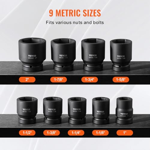 VEVOR Axle Nut Impact Socket Set - 1" Drive 6-Point 9-Piece SAE Spindle Nut Socket CR-MO Heat Treated Large Socket Set with Storage Case for Auto Repair, Removing or Installing Axle Nuts - style: 1" 9PCS CR-MO
