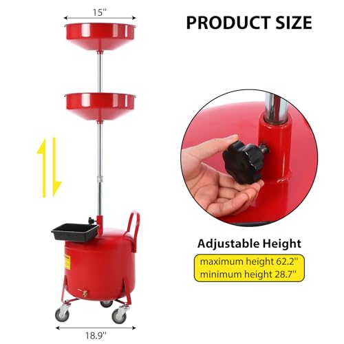 Garvee 8 gal Waste Oil Drain Tank, Portable Oil Drain Container, Air Operated Drainer, Fluid Fuel Transfer Drainage, Adjustable Funnel Height with Wheel &15 in Premium Bowl and a Toolbox, Red - size: 8 Gallon