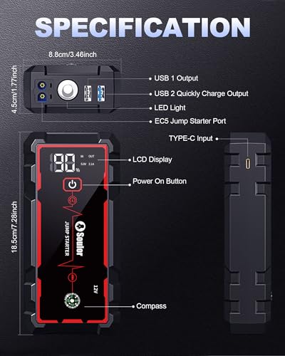 Jump Starter, Battery Jumper Starter Portable, Car Battery Jump Starter with 3 Modes Flashlight, Compass, Power Bank and Jumper Cable - color: 5000A+CY20+EVAbag