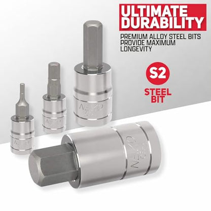 NEIKO 10074A Metric Hex Bit Socket Set | 13-Piece Set | S2 and Cr-V Steel | 1/4-Inch, 3/8-Inch and 1/2-Inch Drive | 2mm to 14mm - size: 13 Piece, style: Allen Hex Bit