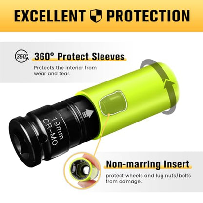 BOEN 19mm 1/2" Drive Wheel Protector Impact Socket, Non-Marring Lug Nut Thin Wall Deep Socket Set, Chrome-Molybdenum Steel, 6 Point, Color-Coded Protective Socket