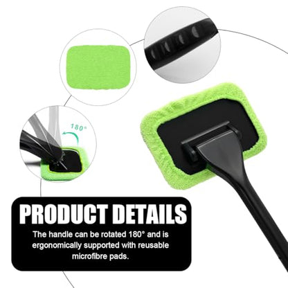 Car Windshield Cleaning Tool, Microfiber Auto Window Cleaner with 4 Cloth Pads & Long Handle, Reusable Window Cleaning Tool Kit for RV SUV Truck, Car Accessories (Green) - color: Green