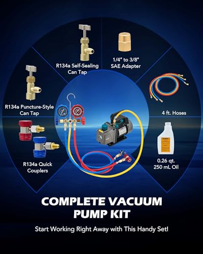 Orion Motor Tech AC Vacuum Pump and Gauge Set, 1/4 hp 3.5 cfm Vacuum Pump Manifold Gauge Kit with 3 Hoses Adapters & Accessories for R134a R12 R22 R502, A/C Vacuum Pump Kit for Auto HVAC Systems - size: 3.5 CFM&3 way