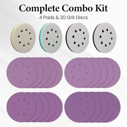 5 Inch 8 Hole Orbital Sander Foam Pads and Sanding Discs Hook and Loop | 4PCS Interface Pads & 20PCS Sandpaper (80 120 240 320 Grits), Soft & Hard Cushion Sponge Buffer Backing Pad for Sander - color: 4PC Pads & 20PC Sanding Discs