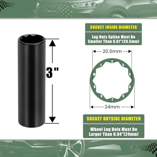 10 Point Spline Lug Nut Socket | 1/2 Inch Drive Impact Square Tool for M14x1.5 M14x2.0 9/16 Lug Nuts & M16x1.5 Lug Bolts | Black 1 Pc - size: 10 Spline Socket
