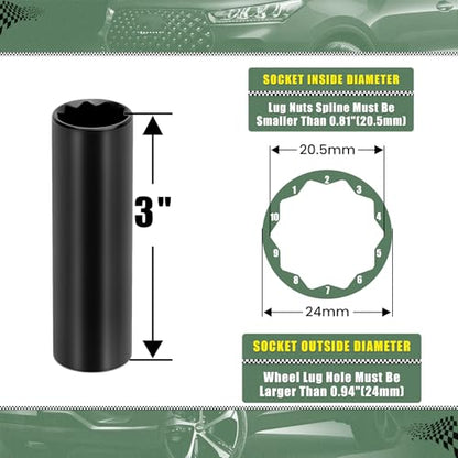 10 Point Spline Lug Nut Socket | 1/2 Inch Drive Impact Square Tool for M14x1.5 M14x2.0 9/16 Lug Nuts & M16x1.5 Lug Bolts | Black 1 Pc - size: 10 Spline Socket