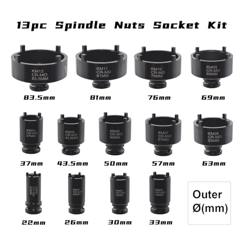 13 PCS Spindle Nuts Socket Kit Ball Joints Axle Locknut Remove Install Locking Hub Socket for KM Groove Nuts, Compatible with GM, Ford, GMC and Dodge, 4 Teeth Exterior with 1/2'' Drive