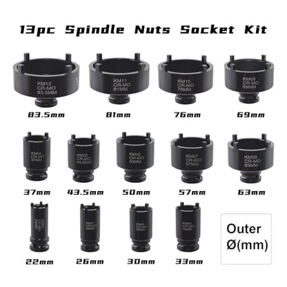 13 PCS Spindle Nuts Socket Kit Ball Joints Axle Locknut Remove Install Locking Hub Socket for KM Groove Nuts, Compatible with GM, Ford, GMC and Dodge, 4 Teeth Exterior with 1/2'' Drive