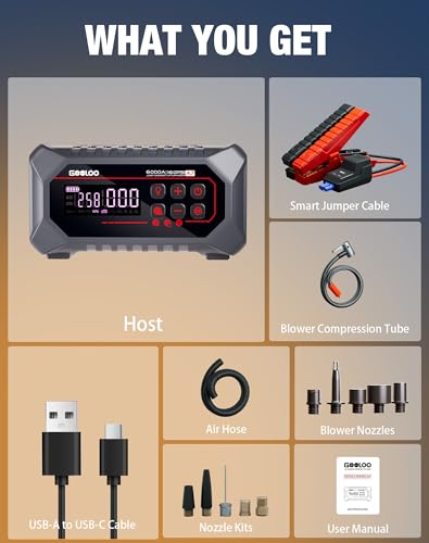GOOLOO A7 Jump Starter with Air Compressor, 6000A &160PSI 12V Car Battery Jumper Starter Portable Booster Pack, Supersafe Jump Box (All Gas & 10L Disel) with Tire Inflator & Air Pump(Inflate& Deflate)
