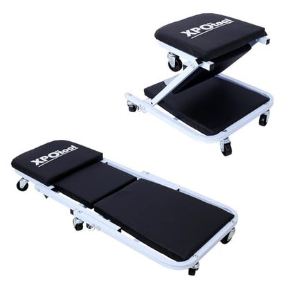 Mechanic Creeper Seat - 36" Foldable Creepers Automotive with 6Wheels | 2in1 Z Shape Creeper Seat 300Lbs Capacity Garage Chair | Low Profile Creeper Lay Down or Sit for Garage, Shop, Auto Repair White