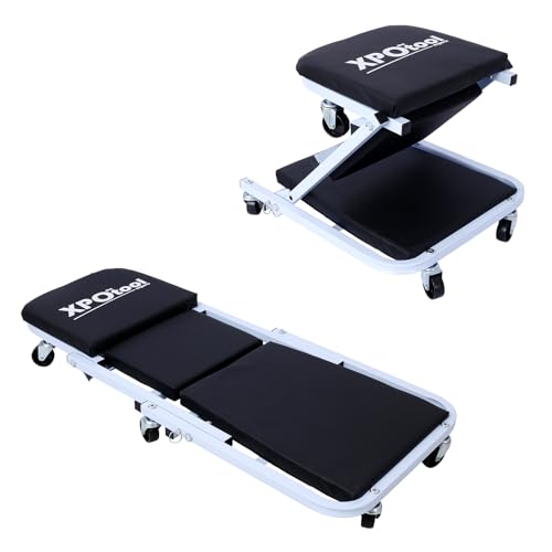 Mechanic Creeper Seat - 36" Foldable Creepers Automotive with 6Wheels | 2in1 Z Shape Creeper Seat 300Lbs Capacity Garage Chair | Low Profile Creeper Lay Down or Sit for Garage, Shop, Auto Repair White