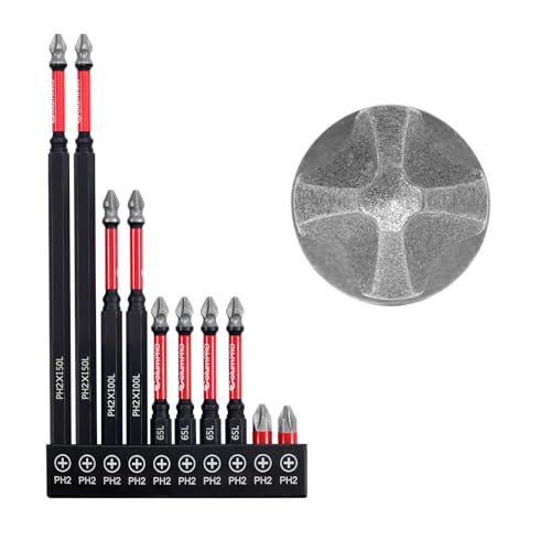 Diamond Grit PH2 Screwdriver Bit Set, 10PCS Magnetic Drill Bits for Stainless Steel Screws, Anti-Slip, HRC65 Hardened S2 Steel, CNC Precision, 25/65/100/150mm Lengths
