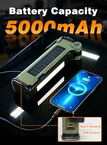 Rechargeable LED Work Light, 5000mAh Magnetic Flashlight with Stepless Dimming, SOS Red Strobe & Loud Alarm, Rotatable & Foldable Mechanic Light for Car Repair, Camping & Emergency (1 Pack Green) - color: Green