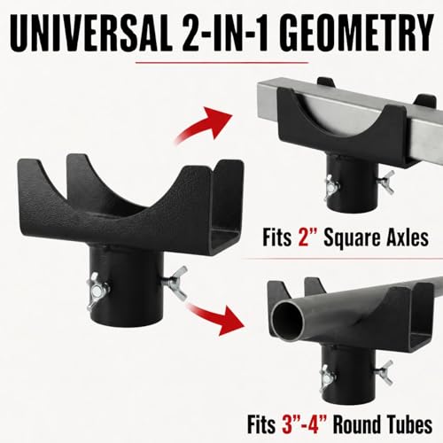 2-in-1 Bottle Jack Adapter with Triple-Lock for 3"/4" Round & 2" Square Axle Tubes - Universal Wobble-Free Fit for 2T-12T Bottle Jacks, Heavy Duty 1/4" Steel Saddle for RV, Truck, Trailer - color: Black