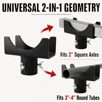 2-in-1 Bottle Jack Adapter with Triple-Lock for 3"/4" Round & 2" Square Axle Tubes - Universal Wobble-Free Fit for 2T-12T Bottle Jacks, Heavy Duty 1/4" Steel Saddle for RV, Truck, Trailer - color: Black