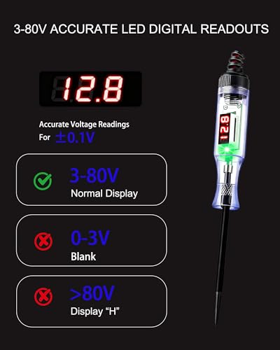 Test Light Automotive 3-80V DC,Digital LED Power Tools with Voltage Display,Bidirectional Indicator, Voltage Tester Pen with Extended Spring Wire&Stainless Steel Probe, for Car,RV,Fuse Tester