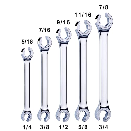 EFFICERE 5-Piece Double-End SAE Flare Nut Wrench Set in Rack, Size 1/4, 5/16, 3/8, 7/16, 1/2, 9/16, 5/8, 11/16, 3/4, 7/8” | Cr-V Steel, 6-Point Head, Best Line Wrench for Fuel, Brake, Air Conditioning - size: SAE Set, 5-Piece