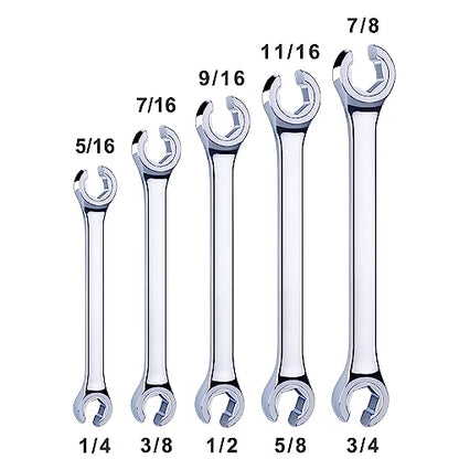 EFFICERE 5-Piece Double-End SAE Flare Nut Wrench Set in Rack, Size 1/4, 5/16, 3/8, 7/16, 1/2, 9/16, 5/8, 11/16, 3/4, 7/8” | Cr-V Steel, 6-Point Head, Best Line Wrench for Fuel, Brake, Air Conditioning - size: SAE Set, 5-Piece