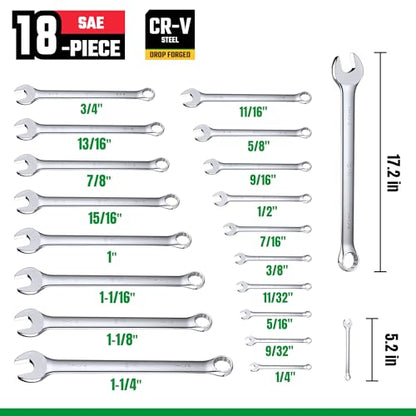 SK Combination Wrench Set, SAE 1/4" to 1-1/4", 18-Piece, SuperKrome Finish, Premium CR-V Construction, with Rolling Pouch - size: SAE 1/4" to 1-1/4"