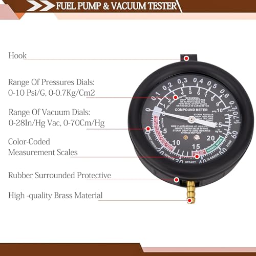 Vacuum Gauge Automotive Tester Kit, Carburetor Fuel Pressure Tester Diagnostics Tool Kit