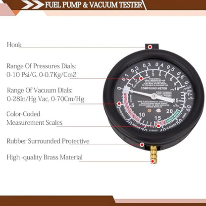 Vacuum Gauge Automotive Tester Kit, Carburetor Fuel Pressure Tester Diagnostics Tool Kit