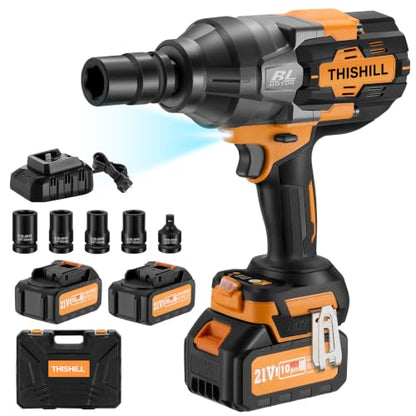 This Hill 3/4" Cordless Impact Wrench 1328 ft-lb, 21V Brushless lmpact Gun | 1800Nm, High Torque Power Impact Driver for Agricultural Machinery Truck, 2 x 4.0Ah Battery, 3-Speed Modes, Auto-Stop Reverse