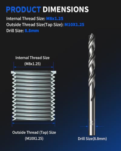 M8 x 1.25 Metric Thread Repair Kit, with HSS Drill Bit, Tap, Counterbore & Installation Driver, M8 x 1.25 Solid 304 Stainless Steel Inserts (10 Pcs, 11.7 mm Length) - size: M8 X 1.25