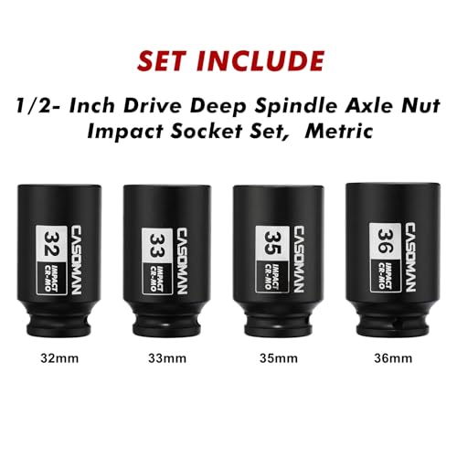 CASOMAN 1/2'' Drive Deep Spindle Axle Nut Impact Socket Set, 6 Point, CR-MO,32,33,35,36mm, 4PC 1/2-Inch Impact Socket Set, Heavy Duty Use In Removing And Installing Axle Nuts