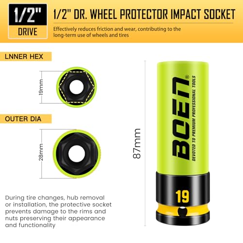 BOEN 19mm 1/2" Drive Wheel Protector Impact Socket, Non-Marring Thin Wall Wheel Protector Nut Socket, Color-Coded, Embossed and Painted Marking, CR-MO Steel - style: 19MM