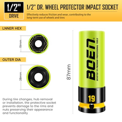 BOEN 19mm 1/2" Drive Wheel Protector Impact Socket, Non-Marring Thin Wall Wheel Protector Nut Socket, Color-Coded, Embossed and Painted Marking, CR-MO Steel - style: 19MM