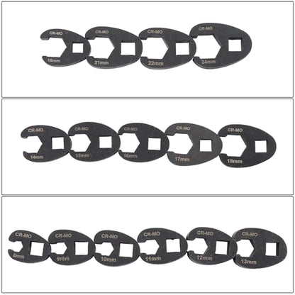 15Pcs Crowfoot Wrench Kit Metric 8-24mm 1/2 and 3/8 Inch Drive Flare Nut Wrench Set