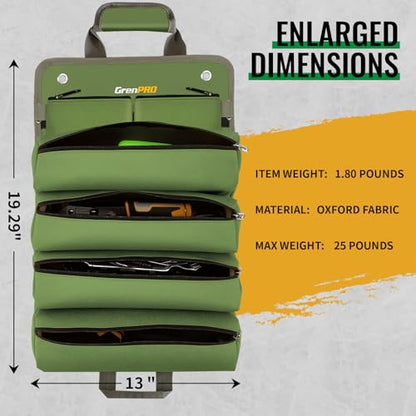 GrenPRO Roll Up Tool Bag With Detachable Pouches, Heavy Duty Organizer With 6 Pockets for Mechanics, Electricians, DIY, Gifts for Dad, Men Birthday Gift, Green - color: Green