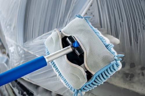 Mitt on a Stick PRO+ | Extendable Car Wash Brush, Mop, Mitt, Sponge | Blue w/ Noodle & Mesh Cover