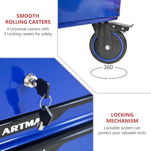 Rolling Tool Chest with Metal Top, 3-Drawer Tool Cart with Wheels, Blue | Ball-Bearing Slides, Powder-Coated Finish, Side Tool Rack, Lockable, Locking Brakes, Ergonomic Push Handle - color: Blue