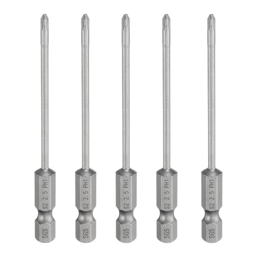 HARFINGTON 5pcs #1 Phillips Screwdriver Bit PH1 1/4" Hex Shank 3.15" (80mm) Long Magnetic S2 Steel Industrial Grade Screw Driver Bit Cross Head Electric Drill Bits 0.098" (2.5mm) Rod - size: PH1 x 80mm x 2.5mm